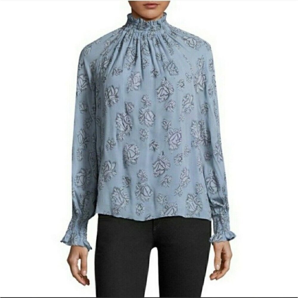 Rebecca Taylor Smocked Neck Silk Blend Rose Print Blouse Light Blue Metallic 10